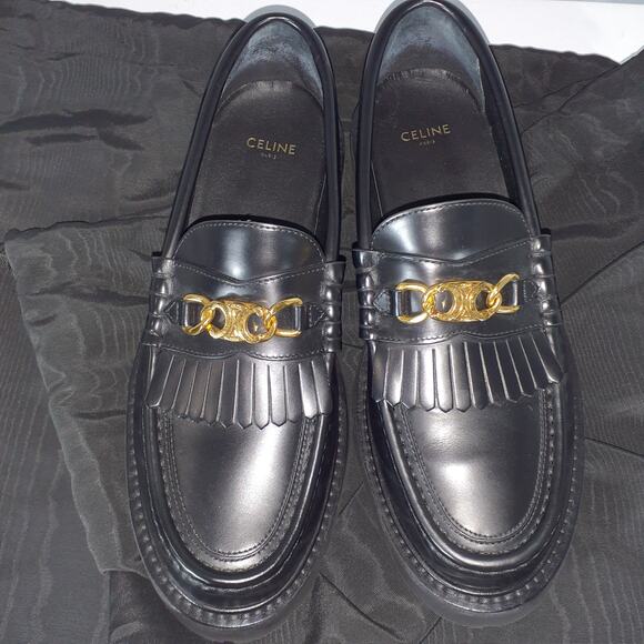 Celine 'Margaret' Black Round Toe Loafer With Triomphe Chain Size 8.5 - Picture 5 of 7